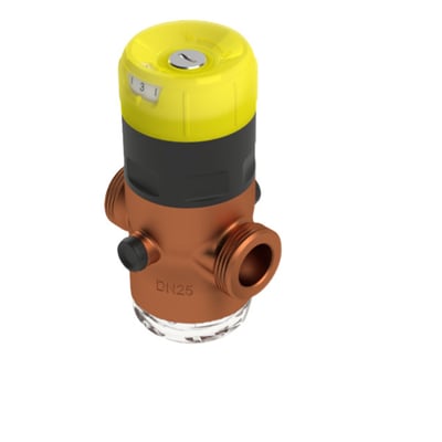 Kempers trykreduktionsventil DN50/2" i blyfri rødgods, set skråt forfra med gul justeringsknap og gevindstudse.