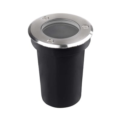 V-TAC Pro mini nedgravningsspot med rund top i rustfrit stål og sort cylindrisk hus, klar til installation.