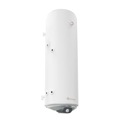 Eldom combi varmtvandsbeholder på 150 L, væghængt med 1 spiral, hvid med grå bund og synlige tilslutninger.
