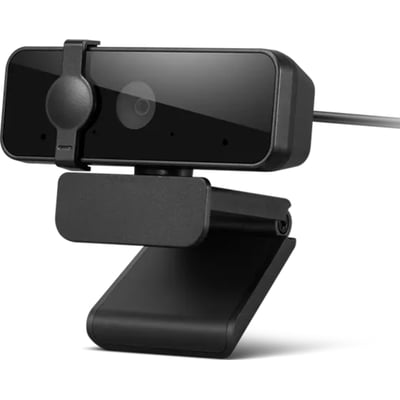 Sort Lenovo Essential FHD Webcam Gen2 med bredt kamerahus, synlig linse, kabel og foldbar skærmklemme.