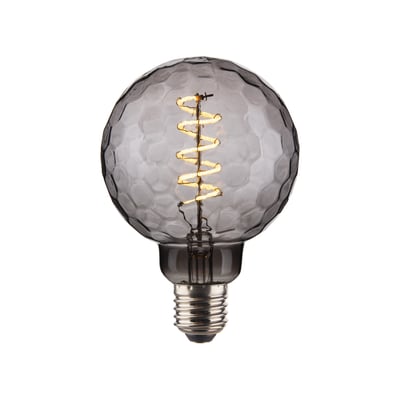 Halo Design COLORS Geo Smoke LED lyskilde med røgfarvet glas og en diameter på 95mm, hvid baggrund.