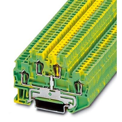 Detaljeret billede af Phoenix Contact ST/STTB jordklemme, viser den integrerede monteringsmekanisme og fjederterminaler.