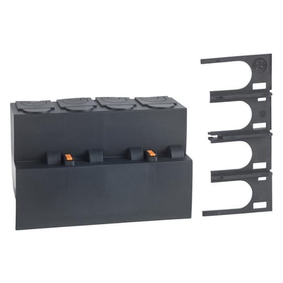 Schneider Electric klemmeafdækning til NG125, 4-polet, til maks. 125A. Sættet indeholder en grå bunddel med fire orange knapper og en stak grå monteringsskinner.