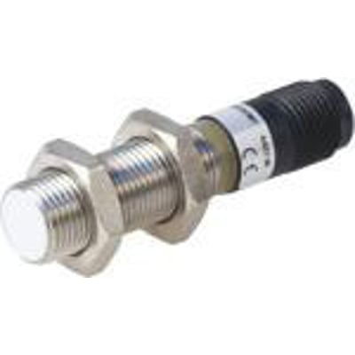 Carlo Gavazzi induktivaftaster M12 Namur, model IA12ESF02UCM1, med sølvfarvet gevindhus og sort tilslutning.