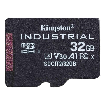 Kingston Industrial 32 GB microSDHC-kort i sort, set forfra med tydeligt mærke og kapacitetsangivelse.