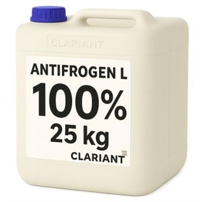 Lys beholder med blå skruelåg og etiketten Antifrogen L, 100 % koncentreret propylenglykol, 25 kg fra Clariant.