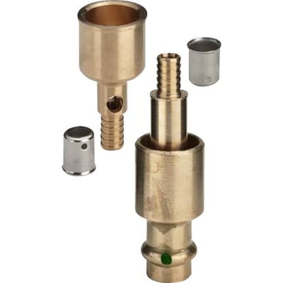 Viega Smartloop tilslutningssæt i messing med d1 28/35 mm og d2 12 mm, samt løse hylstre og studse.