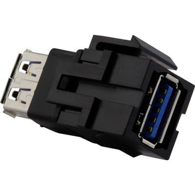 Lauritz Knudsen Merten Keystonemodul USB 3.0 i sort plast med blå USB-port, vist på hvid baggrund.