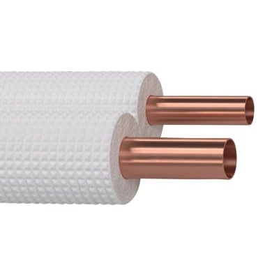 Halcor Pro kølerør 20m, 1/4-5/8, med hvid PE-X skumisolering og synlige kobberrør.