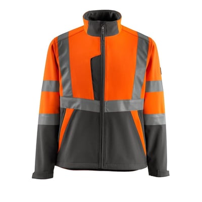 Mascot Hi-Viz softshelljakke i orange og mørk antracit med refleksdetaljer, klasse 2 godkendt.