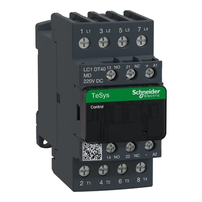 Schneider Electric TeSys D 40A kontaktor med 4 poler og 220V DC spole, vist forfra med tydelige mærkater og skrueklemmer.