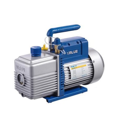 Value VE245N er en to-trins vakuumpumpe i blå og sølv med stort skueglas og bærehåndtag.