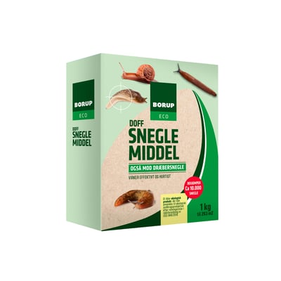 Emballagen til Unipak Eco doff sneglemiddel på 1 kg har grøn Borup Eco-forside med snegleillustrationer.