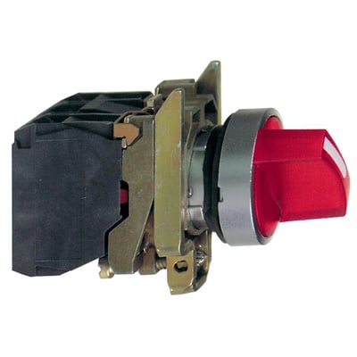 Detaljeret sidevisning af Schneider Electric drejeafbryder XB4BK124B5 med rød knap, monteret på sort kontaktenhed og med metalring.