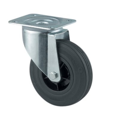Tente drejeligt transporthjul, model 3470 125, med sort gummihjul på 125 mm og sølvfarvet stålgaffel.