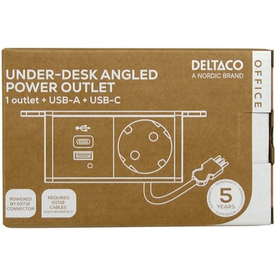 Deltaco UNDER-DESK POWER OUTLET med 1 stik og 1x21W USB-A+C på brun papemballage med produktillustration og mærkeinformation.