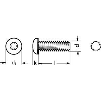 Teknisk tegning af M4X10 DIN 7500-C FZB panhoved skrue med T-Drive, viser dimensioner som d1, k, l og p.