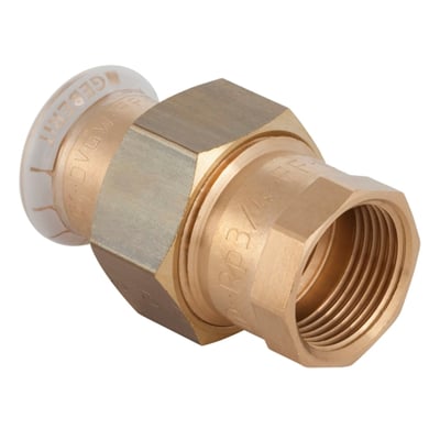 Geberit Mapress 22 mm x 3/4" forskruning i messing med muffe/muffe samling, vist med detaljeret overflade.