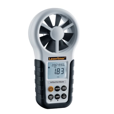 Laserliner AirFlowTest-Master anemometer med stort vingehjul og digitalt display der viser temperatur, fugtighed og vindhastighed.