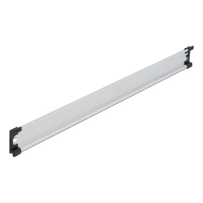 DeLock DIN-skinne 35 x 7.5 mm i aluminium med sorte endestykker, vist på hvid baggrund.