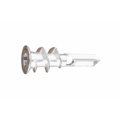 Index 12 mm metal gipspladedubel med selvborende spids og skruegevind for nem installation.