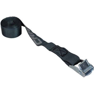 Sort bagagesurring med kamspænde, rullet op i den ene ende; båndet er 25 mm bredt og 1 meter langt.