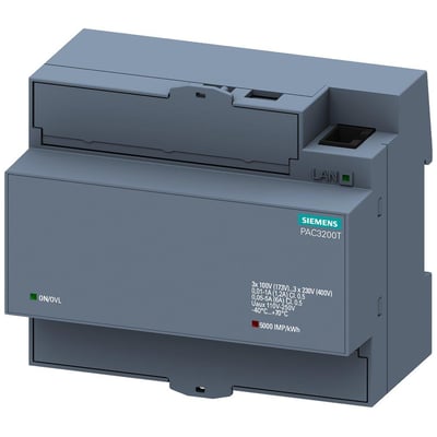 Siemens Sentron PAC3200T multifunktionsmåler på montering skinne, med angivelse af volt, ampere og IMP/kWh.
