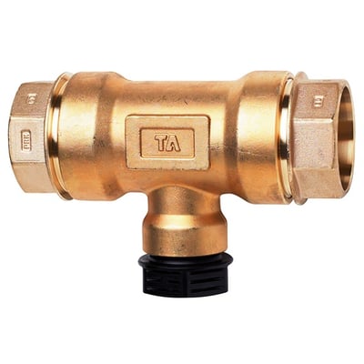IMI TA 63 x 40 x 63 mm reduceret tee i afzinkningsbestandigt messing med PN16 trykklasse og sort plastskrue.
