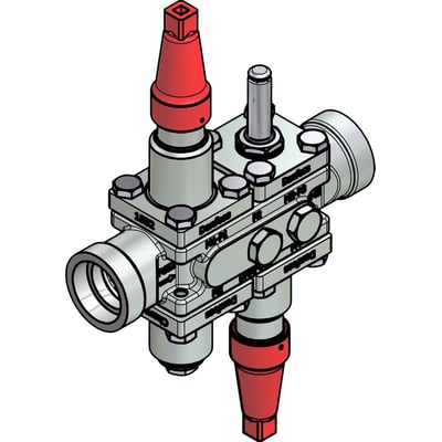 Danfoss ICF 20-4-9 ventilstation med 32mm svejsestuds og stålhus, viser præcisionsudformning og rød hætte-detaljer.