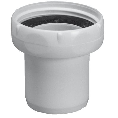 Hvid Purus-overgangsmuffe i PP, 1 1/2" x 40 mm, set skråt med den brede gevindåbning øverst.