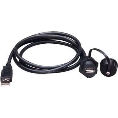 Schneider Electric USB forlængerkabel type A port på 1 meter, sort kabel med beskyttelseshætte til USB-porten.