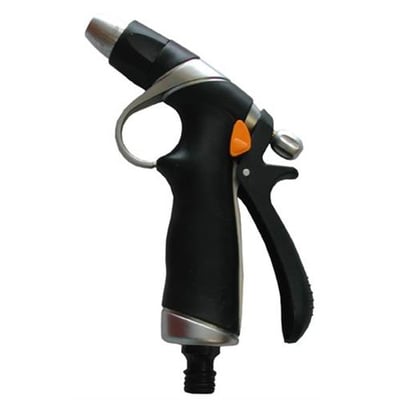 Ironside sprøjtepistol i aluminium med sort gummigreb og orange knap, vist skråt forfra med dyse og håndtag.