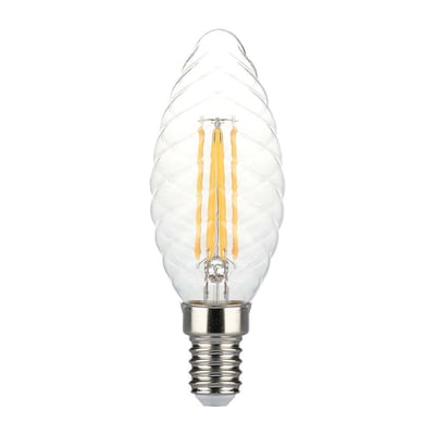 V-TAC 4W LED kertepære med E14 fatning, twisted glas og filament teknologi på hvid baggrund.