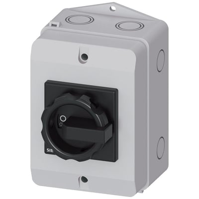 Siemens 3-polet hovedafbryder på 25 A og 7,5 kW i gråt kabinet med sort drejegreb.
