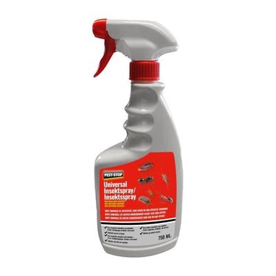 PEST-STOP universal insektspray 750 ml flaske med rød pumpehåndtag og grå flaske, dekoreret med billede af forskellige insekter.