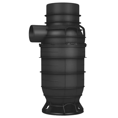 Wavin PP-sandfangsbrønd PLUS med vandlås og 70L kapacitet, diameter 315 mm og 160 mm tilslutning i sort PP materiale.