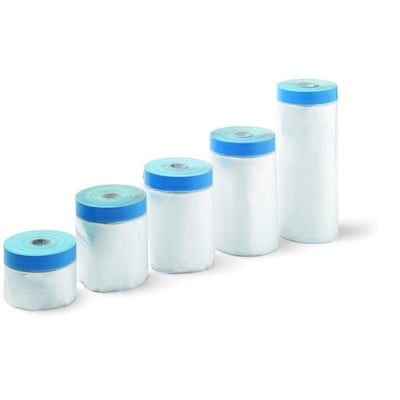 Schuller Eh'klar afdækningsplast med UV tape i forskellige størrelser, vist som fem ruller med blå tape.