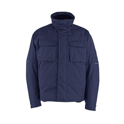 Forreste del af en mørk marineblå Mascot Columbus vinterjakke i størrelse 2XL, vist på hvid baggrund med fokus på detaljer.