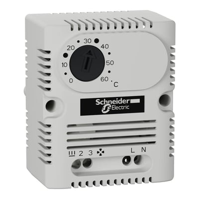 Nærbillede af Schneider Electric ClimaSys termostatens frontpanel med drejeknap og digitale markeringer fra 0 til 60 grader Celsius.
