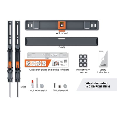 Alle dele af Vogel's TVM 3415 Comfort vægbeslag, inklusiv strips, skruer, manual og beslag.