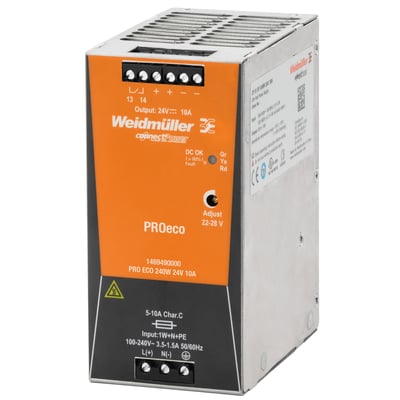 Weidmüller Pro Eco strømforsyning 240W 48VDC 5A, med tydelig mærkning af input og output specifikationer på orange frontpanel.