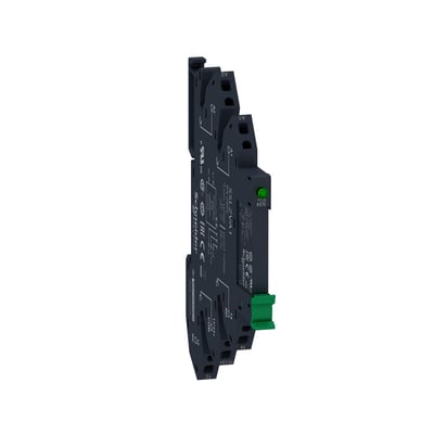 Schneider Electric Harmony SSL Solid State relæ SSL1A12BDPR med 2A AC, 24V DC og grøn LED-indikator på en mørk DIN-skinnesokkel.