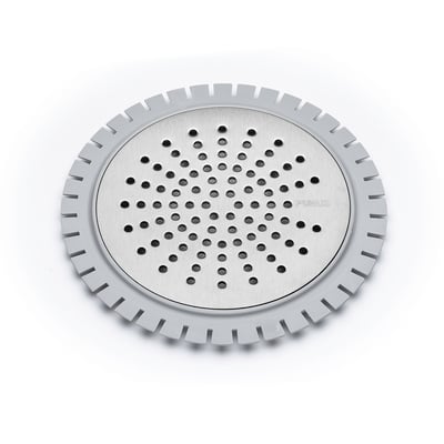 Purus Sun rist til microcement i rustfrit stål med sort ramme, Ø199mm, med mange små huller for optimalt flow.