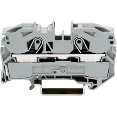 Detaljebillede af Wago 16mm² gennemgangsklemme, der viser den interne fjeder og 2-leder push-in tilslutning.