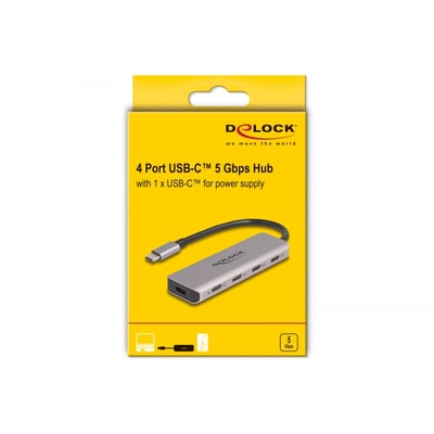 Delock 4-port USB Type-C hub i grå metalemballage med billede af hub og tilslutningskabler.