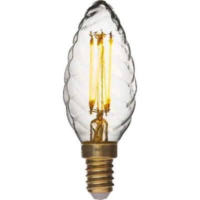 Dæmpbar LED krystalkerte med E14 sokkel, 2,5W, 2200K og klar, snoet glasdesign.