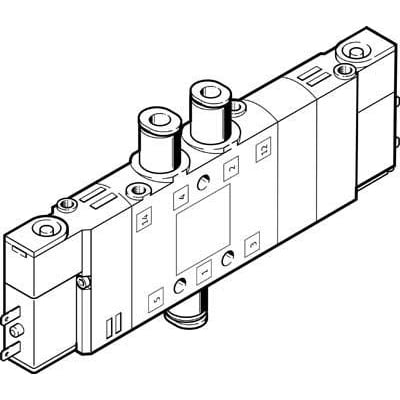 Festo solenoidventil CPE14-M1BH-5/3E-QS-6 illustreret med linjetegning, der viser dens kompakte design og pneumatiske tilslutninger.
