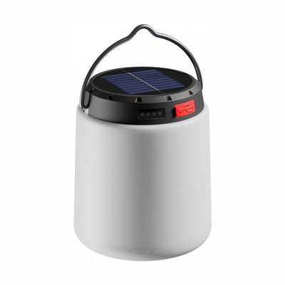 SpectrumLED Lumina Tubo solcellelampe med hvid, cylindrisk skærm, sort top og bærehåndtag.
