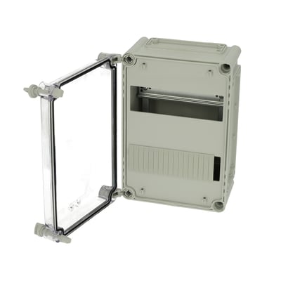 Fibox MC EKJB DIN-skinnekasse, 280 x 190 x 130 mm, med transparent hængslet låg åbent og DIN-skinne synlig.
