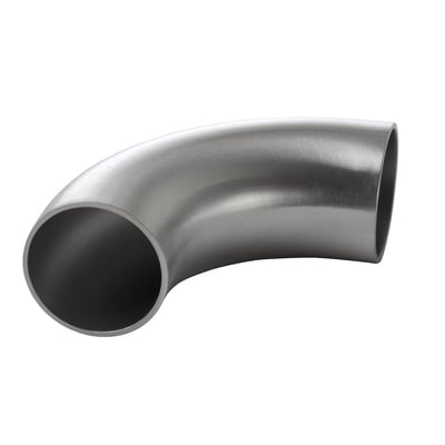 Svejsebøjning i rustfrit stål med satin finish, 23 mm udvendig diameter og 90 graders vinkel til fødevareindustrien.
